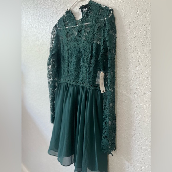 AQUA Womens Green Lace Floral Long Sleeve Short Party Trapeze Dress  - Med - Picture 3 of 7